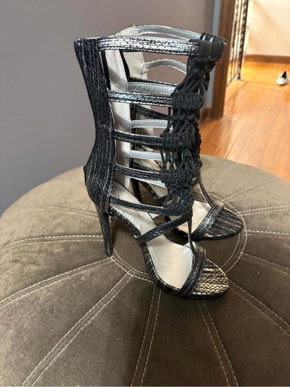 Women's Black Strappy High Heel Sandal with Woven Front
